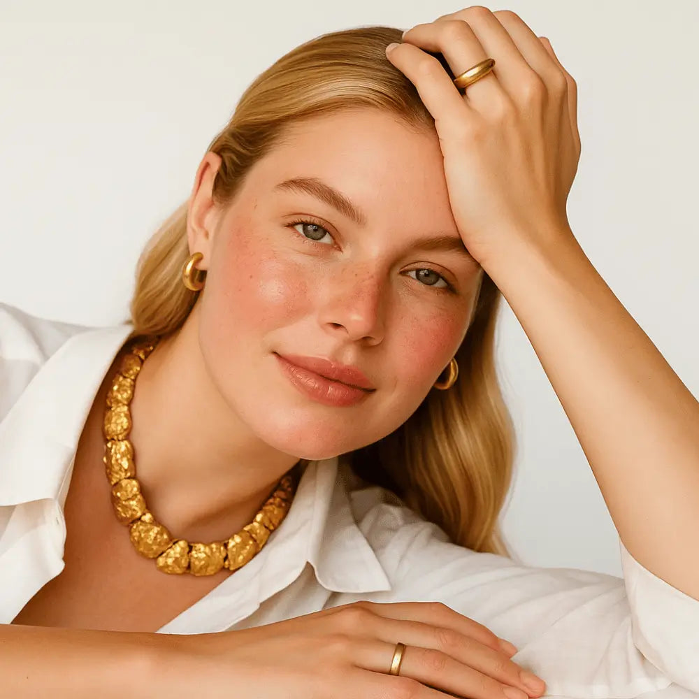 Elegant woman smiling showcasing Karin Herzog's heritage in Swiss skincare innovation.