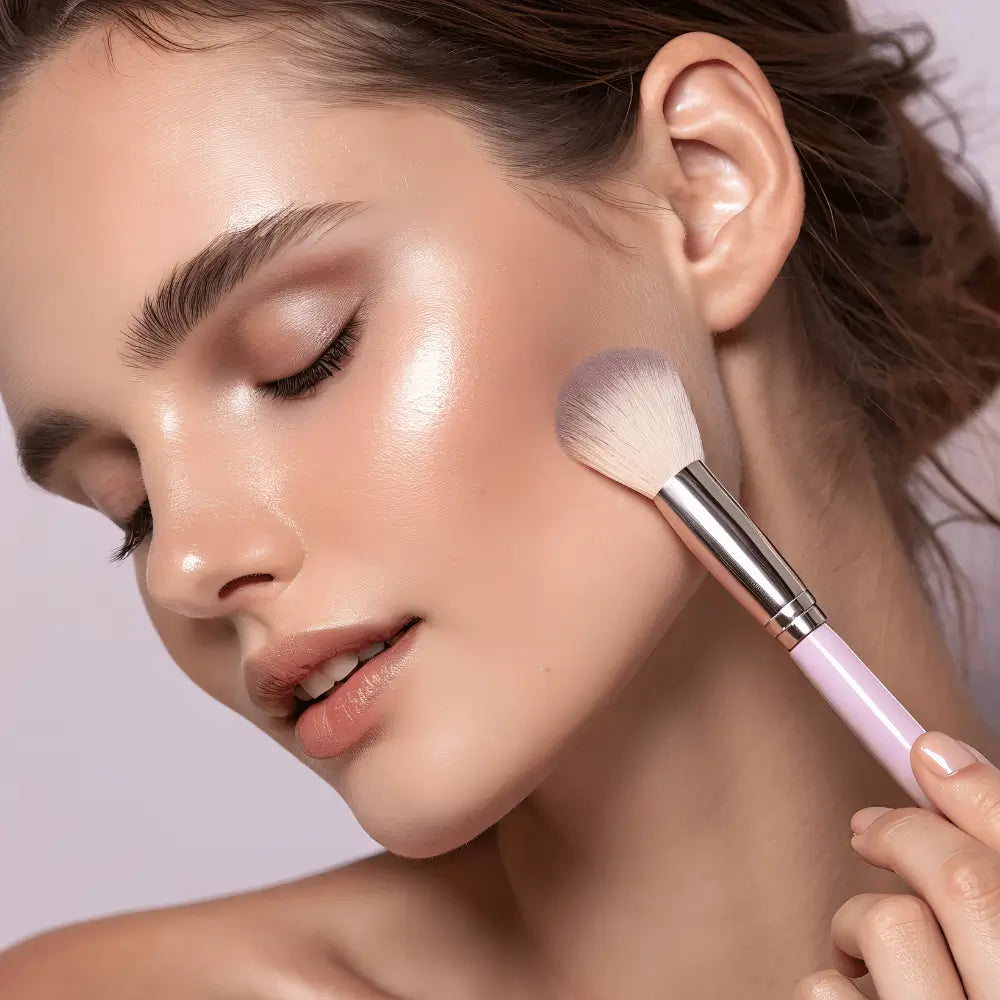 Model applying makeup with a brush, showcasing a flawless and radiant complexion.