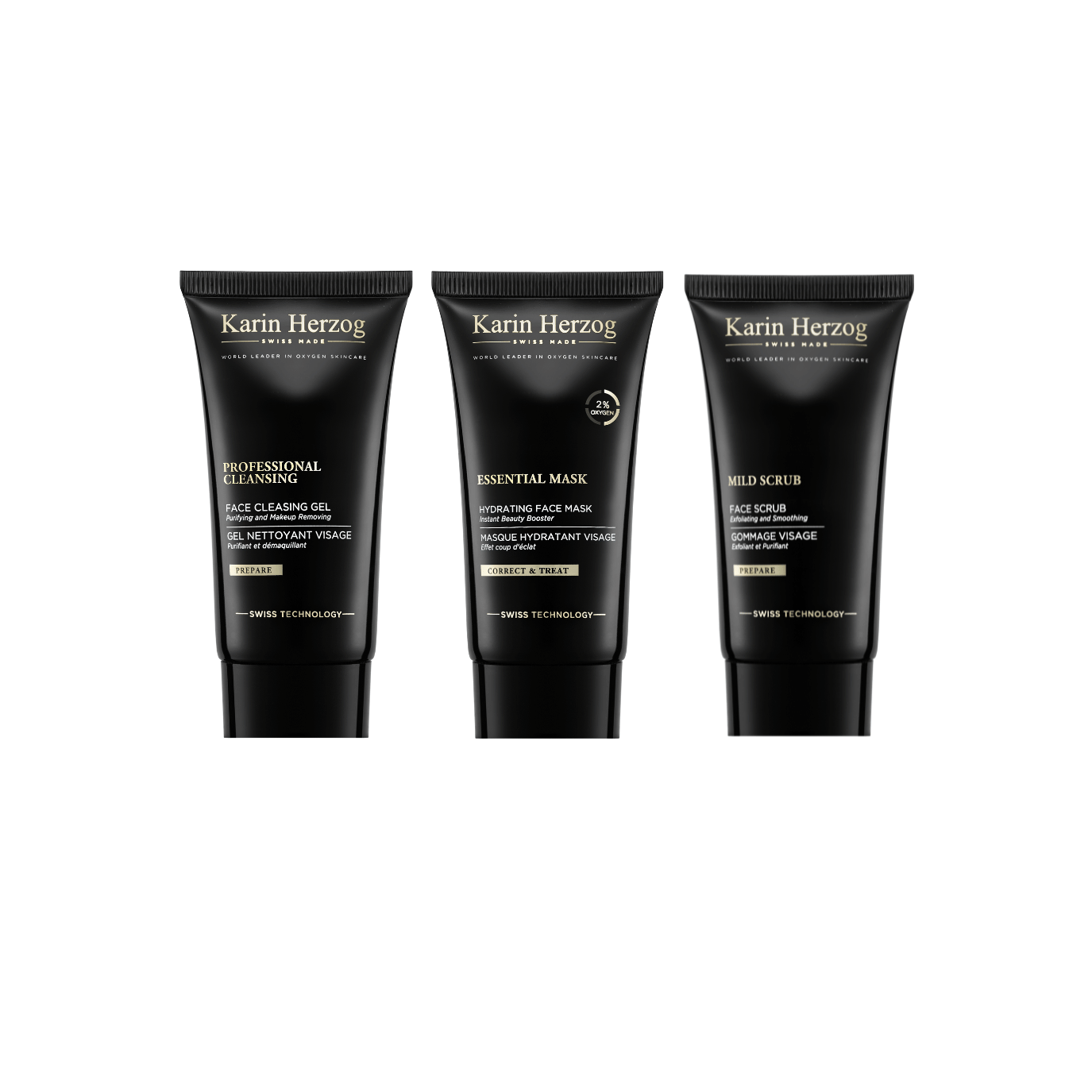 Karin Herzog Glow Kit Travel Size – includes three sleek black tubes: Professional Cleansing Gel, Essential Mask with 2% oxygen, and Mild Scrub, displayed upright against a white background.