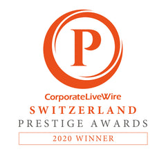 Corporate LiveWire Switzerland Prestige Awards 2020 Winner badge awarded to Karin Herzog, recognizing excellence and innovation in Swiss skincare.