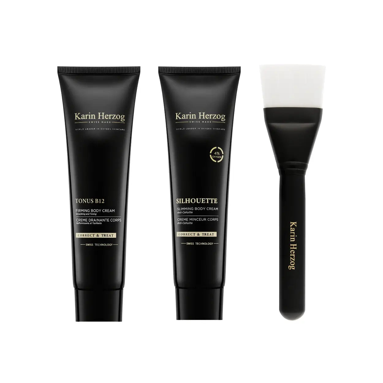 Karin Herzog Tonus B12 Firming Body Cream and Silhouette Slimming Body Cream with a application brush.